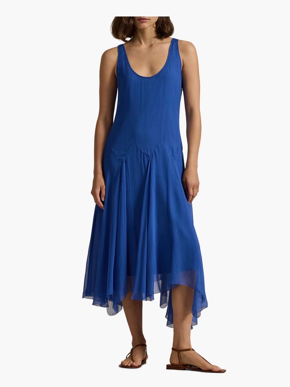 Polo Ralph Lauren Georgette Silk Blue Asymmetrical Women Midi Dress Size 14 NWT